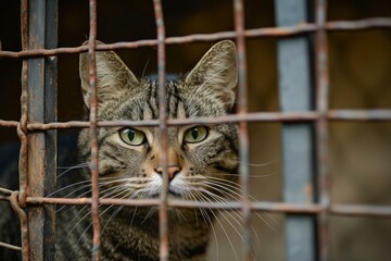 Close-up of a striped tabby cat looking through the rusted bars of a cage