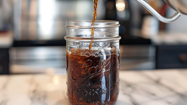 Photo of a cold wave mason jar with coffee being poured into it, in a close up shot, on a marble countertop in the kitchen - Powered by Adobe
