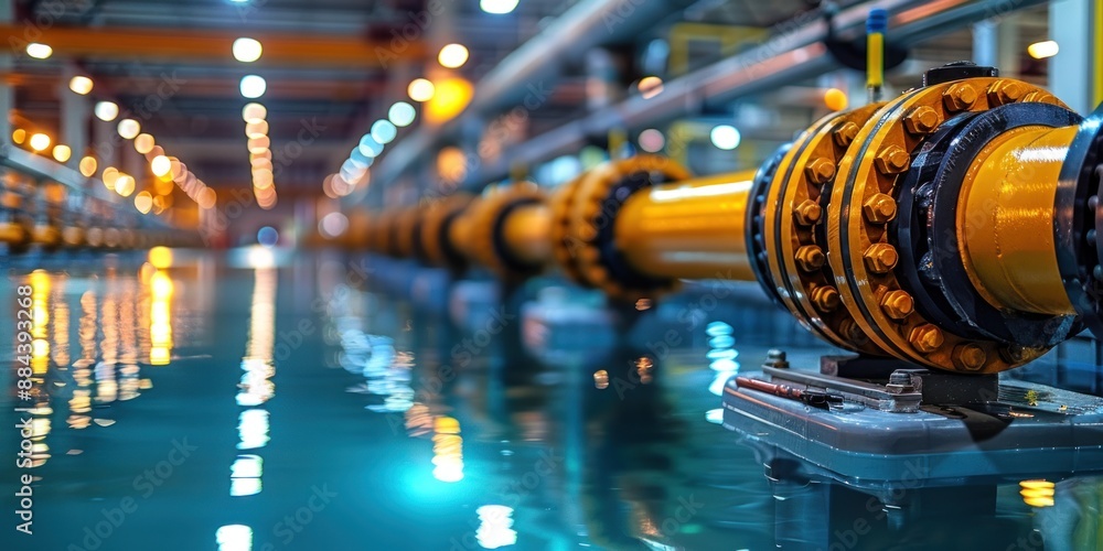 Poster a close-up view of a large yellow pipe with multiple bolts, submerged in a testing facility