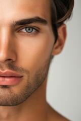 Fototapeta premium A man with a beard and a light blue eye. He has a clean shave and a nice smile