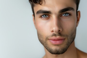 Fototapeta premium A man with a beard and blue eyes. He has a nice smile. He looks very handsome