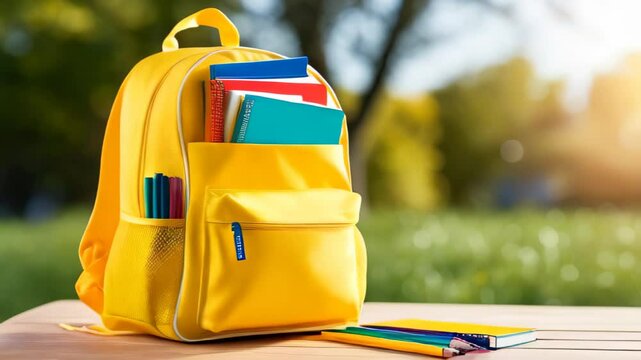 Yellow backpack filled with school supplies, including notebooks, pencils, and pens on a wooden table outdoors. Back to school concept. Copy space template background