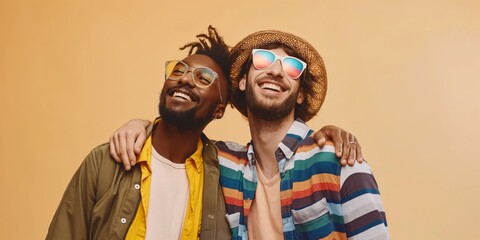 Obraz premium Two men wearing sunglasses and hats are smiling at the camera. They are dressed in colorful clothing and seem to be enjoying themselves