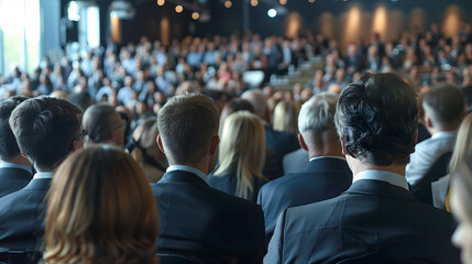 Fototapeta premium group of people in formal dressing suit as audience at large modern hall business event. Press conference news presentation exhibition briefing reporter seminar workshop convention forum summit
