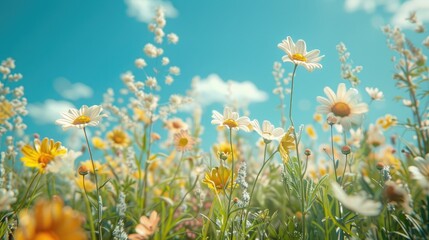 Obraz premium Blooming flowers in a meadow with a clear blue sky, leaving ample copy space