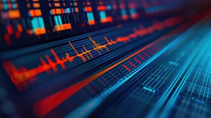 Obraz premium Abstract digital waveform and data visualization with blue, orange, and red color scheme.
