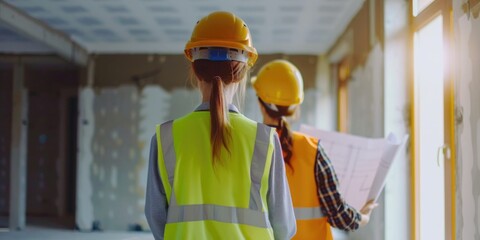 Two women examining blueprints on a construction site, focusing on planning and design