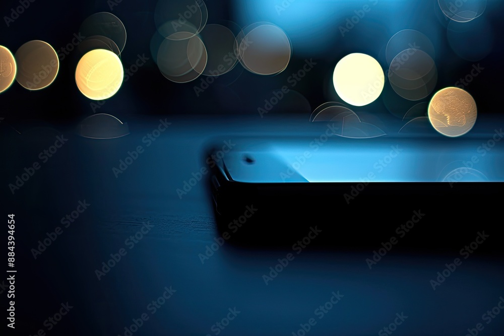 Aufkleber close-up of a smartphone on a table with blurred lights in the background, capturing a modern and fu