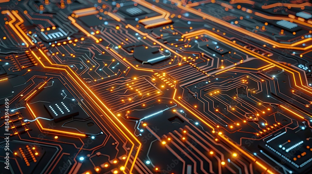 Poster close-up view of a highly detailed glowing circuit board with intricate pathways and electronic comp