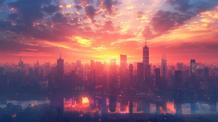 Fototapeta premium Cityscape with tall buildings at sunset, with large copy space in the sky