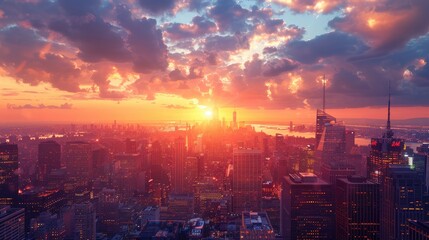 Cityscape with tall buildings at sunset, with large copy space in the sky