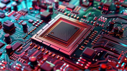 Obraz premium Close-up view of a colorful computer motherboard, detailing intricate circuits, components and processor at the center.