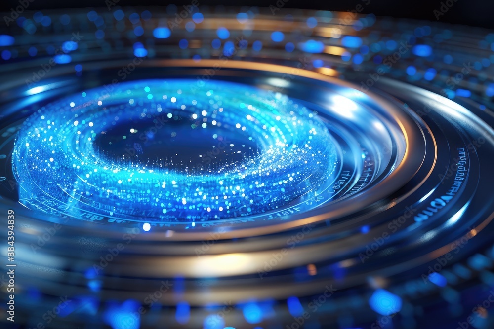 Poster futuristic glowing circular interface with blue lights and particles, representing advanced technolo