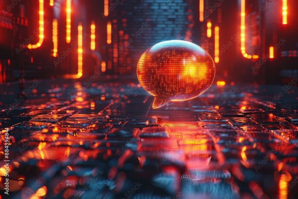 Poster futuristic glowing speech bubble in a digital circuit background representing technology, communicat
