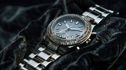 A luxury watch with a diamond-encrusted bezel, displayed on a dark velvet background.