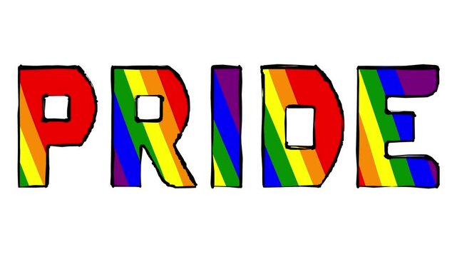 Handmade animated 'Pride' text with rainbow colored characters on a pure white background. Seamlessly loopable motion graphic.
