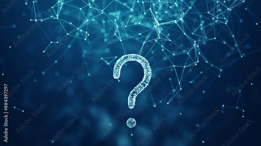 Poster futuristic glowing question mark with plexus lines connected dots and lines on blue background. for 