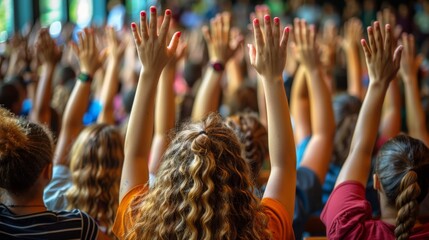 students raising their hands while sitting on their desk in the class at school.