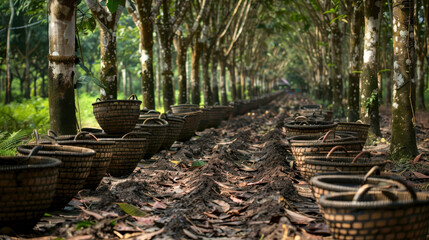 Fototapeta premium A rubber plantation during the harvest season, with baskets filled with latex