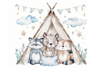 Cute woodland animals resting in a teepee tent with soft clouds and stars in the background. Perfect illustration for nursery decor.