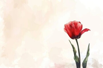 Elegant watercolor illustration of a single red tulip in full bloom, against a light background with plenty of copyspace,