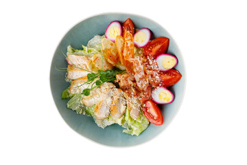 Caesar salad with chicken on a white background, isolate, for food delivery menu or restaurant