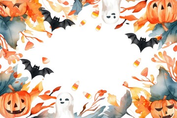 Halloween-themed watercolor frame with pumpkins, ghosts, bats, and autumn leaves. Perfect for festive holiday designs and invitations.