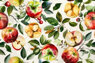 Obraz premium Watercolor fruit pattern, fresh apples, diverse colors, lush green leaves, elegant composition