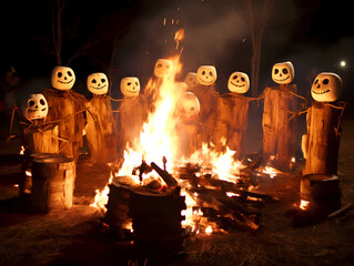 Eerie Halloween Bonfire with Pumpkin-Headed Scarecrows..