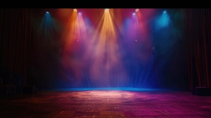 Obraz premium Theater Stage with Spotlight Illuminating Empty Stage, Bright Colors Backdrop
