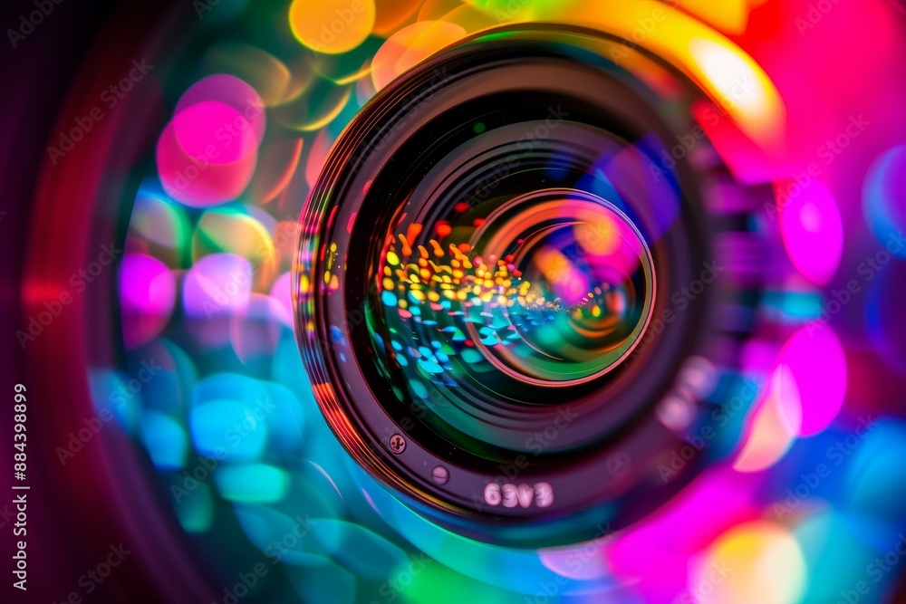 Poster close-up of a camera lens with vivid bokeh lights creating a captivating, abstract background