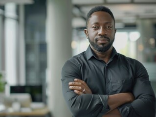 Obraz premium A person stands with their arms crossed, wearing a black shirt