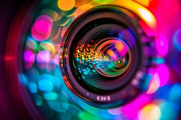 Close-up of a camera lens with vivid bokeh lights creating a captivating, abstract background