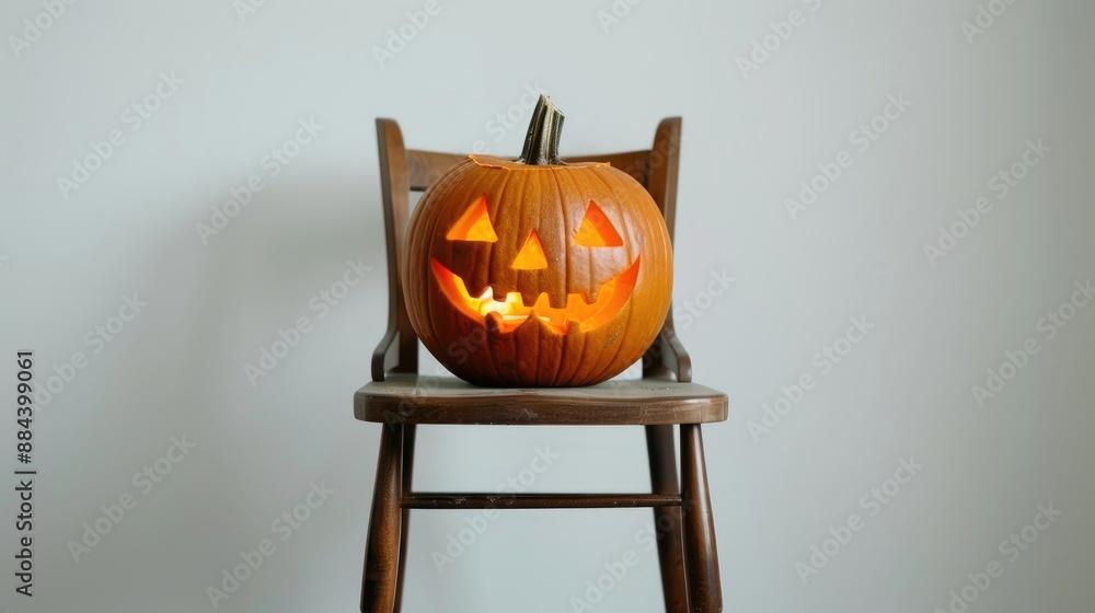 Poster Jack o lantern pumpkin on chair with white background fall and Halloween decoration space