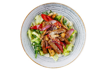 Best Salad with Veal and Vegetables on a White Background, Isolate, for Restaurant Menu