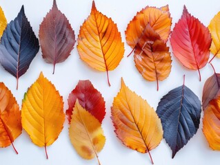 Fototapeta premium A collection of colorful leaves arranged on a white surface