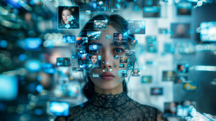 illustration of a person being overwhelmed by media, information and data, concept of information overload