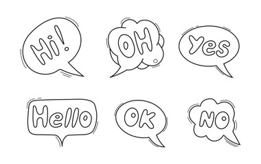 Set of bubble speech icons with words like no, ok, hello, and oh. These fun and whimsical SMS style bubbles
