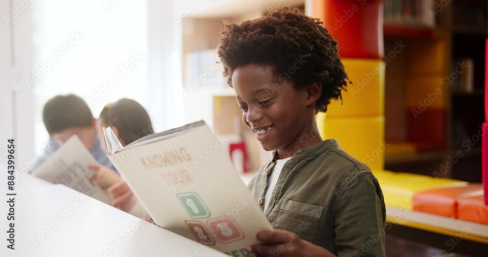 Aufkleber smiling, black boy and book in classroom for educational development, mind growth and language learn