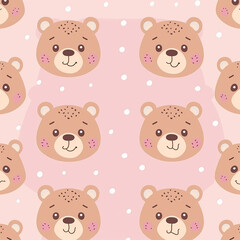 This pattern features charming bear faces with sweet expressions on a pink background with polka dots, perfect for baby and children's products and designs.