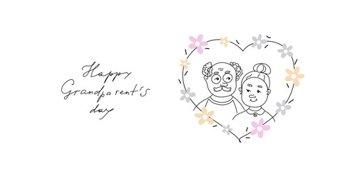 line art of national Grandparent`s Day. Cute funny couple grandparents.  A hand-drawn vector doodle banner, copy space.Happy national Grandparent`s Day