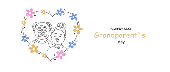 line art of national Grandparent`s Day. Cute funny couple grandparents.  A hand-drawn vector doodle banner, copy space.Happy national Grandparent`s Day