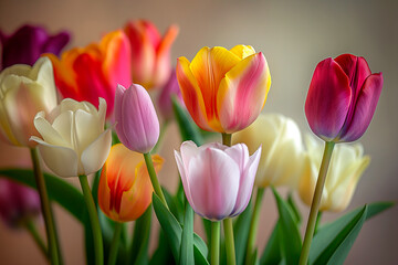 Obraz premium beautiful fresh colorful tulips flowers field background