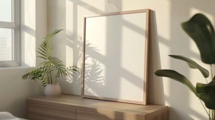 Empty wooden frame rests on a dresser near a window with sunlight and plant shadows creating a serene ambiance.