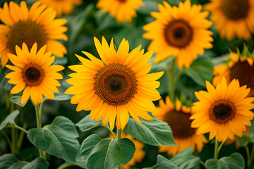 Obraz premium beautiful fresh yellow sunflowers flowers in full frame background