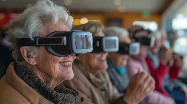 A telephoto angle photo of a group of seniors attending a virtual reality demo, each one taking turns with the VR glasses, with copy space