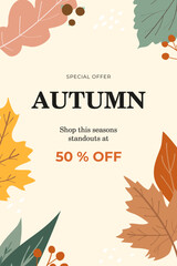 Bright banner with autumn sale discounts on a beige background with colored leaves hand drawn in abstract form. Flat doodle style. Vector illustration.