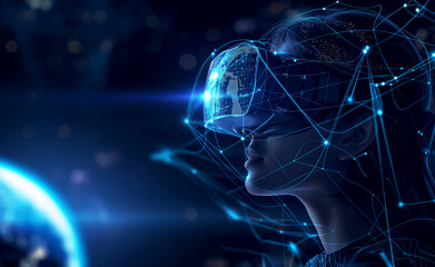 Futuristic digital artwork of a woman wearing VR goggles with neon effects.