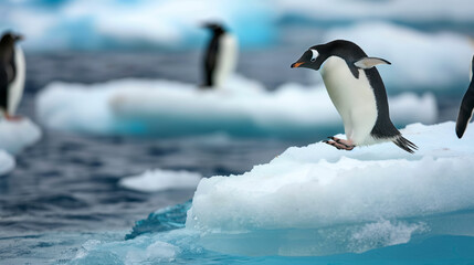 Fototapeta premium Penguin Jumping on Iceberg in Antarctica