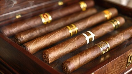 A premium cigar humidor with a collection of fine cigars, displayed on a polished wooden surface.